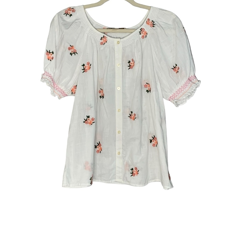 Loft white smocked cotton floral shirt sleeve‎ button up blouse. Size MP